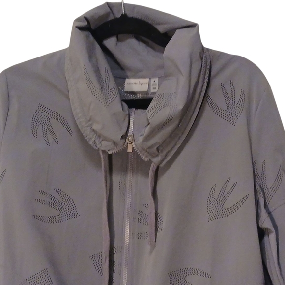 Nanette Lepore -Gray Zip-Up Jacket,Ruched Sleeves, Sparrow Design, Front Pockets - Picture 2 of 15